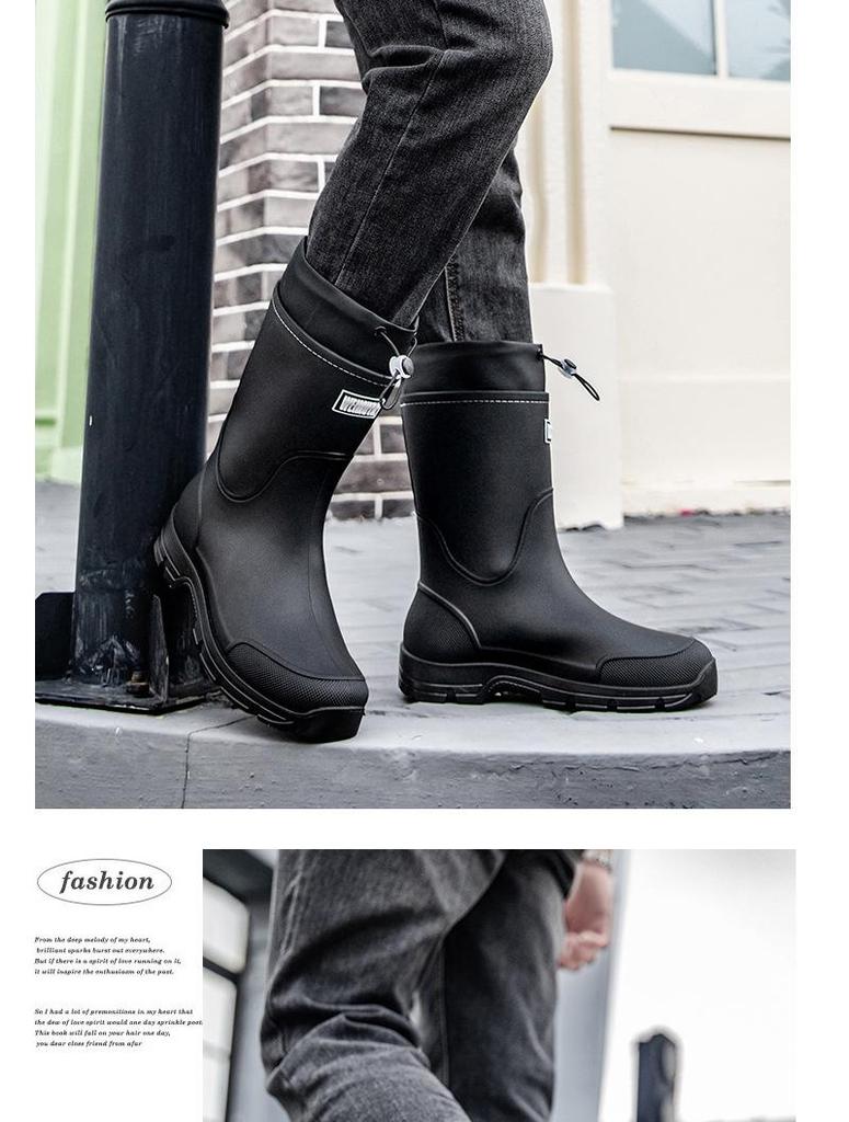 Unisex Mid-Calf Waterproof Drawstring Rain Boots - Lightweight Non-Slip Rubber Shoes