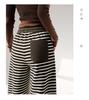 2025 Winter High-Waisted Coffee Striped Plush Pants for Petite Women: Loose, Wide-Leg, Straight-Leg Style.
