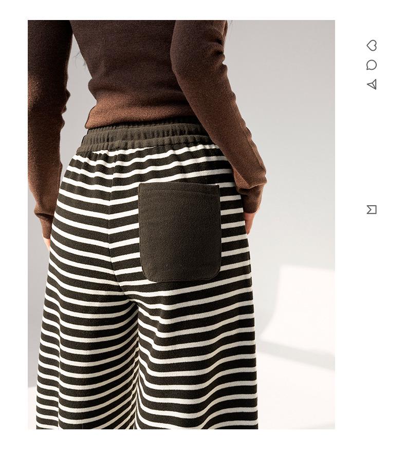 2025 Winter High-Waisted Coffee Striped Plush Pants for Petite Women: Loose, Wide-Leg, Straight-Leg Style.