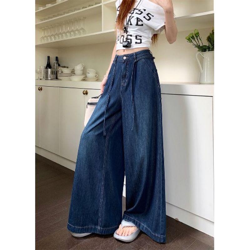 

Kumikumi Брюки из выстиранного денима в ретро-стиле, широкие, женские, осенние, с высокой талией, свободные и стройнящие, прямые брюки Dark Blue L