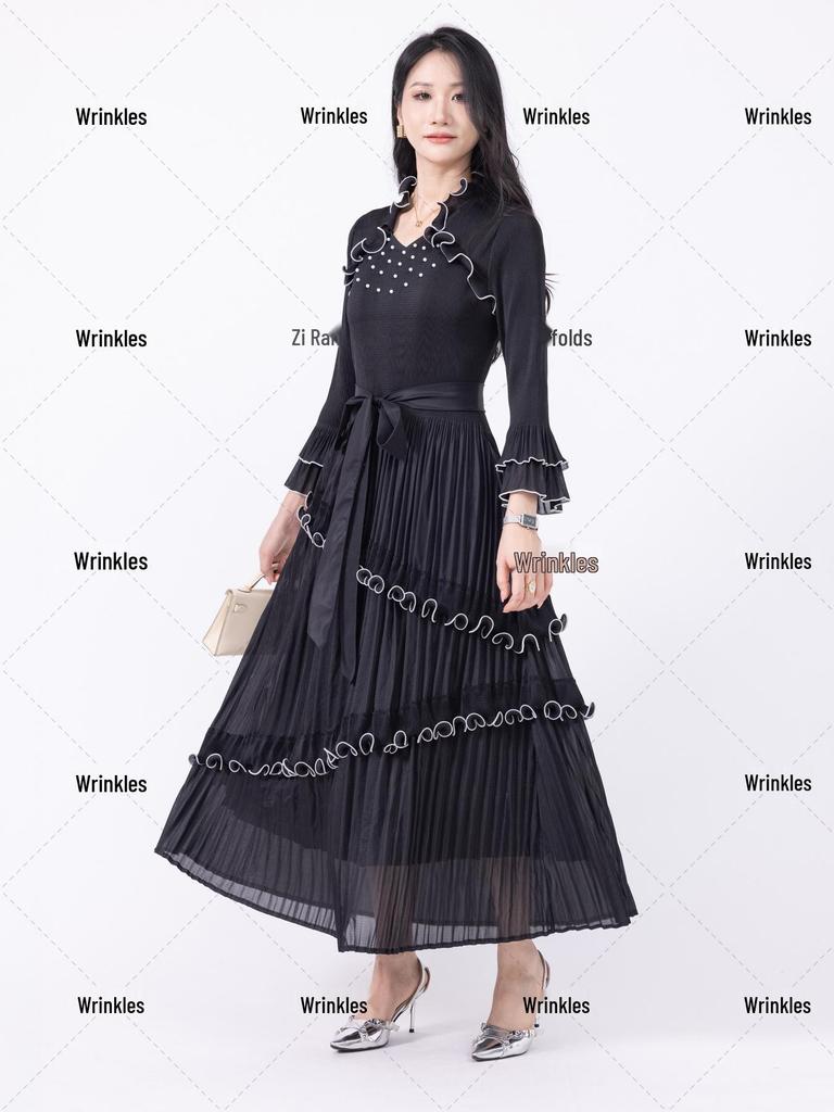 Miyake Pleats Maxi Dress: Light Luxury Ruffle Design, African Style Women's Clothing