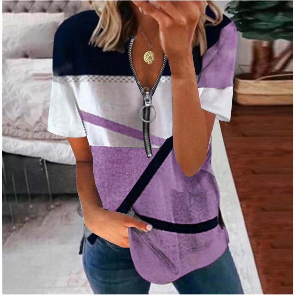 EastRogue Women's Fashion Casual Summer Print Short Sleeve Zip Collar Loose Blouses & Shirts