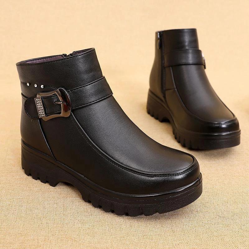 Artificial Leather Boots Winter Middle-aged Flat Bottom Shoes for Woman's Warm Cotton Shoes Soft Bottom Non-slip Wool Women Boots
