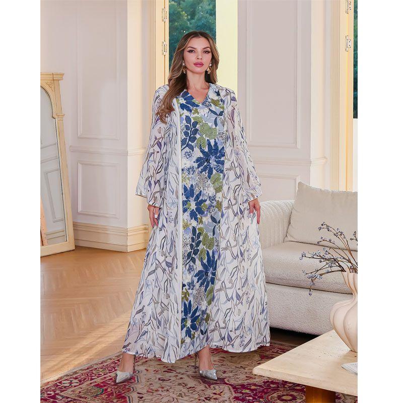 

2025 Dubai Women clothes Arab Clothing Dress Middle East Print Sequined Gown Summer Travel Dress White 2XL