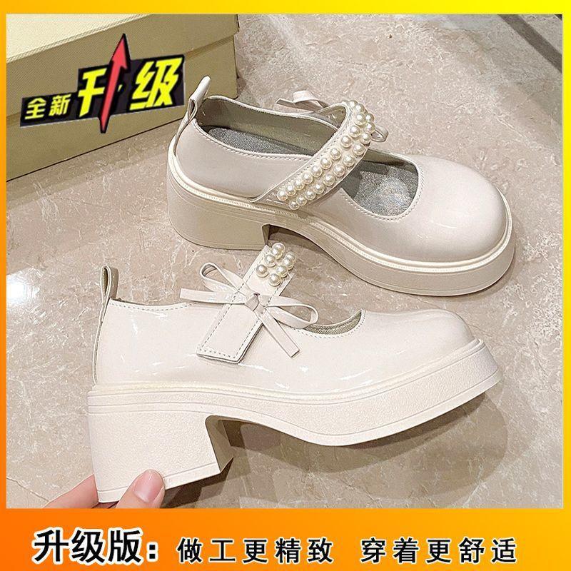 2025 New Retro Spring Sweet Korean Skirt Mary Jane Shoes Women's French Fairy Pearl Platform Single Shoes Leather Shoes