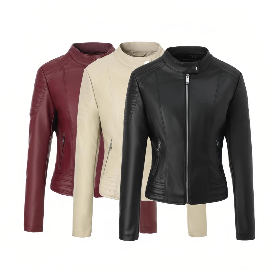 Women's PU locomotive leather jacket stand-up collar zipper placket shoulder hem quilted slim fit short spring autumn and winter short slim fit