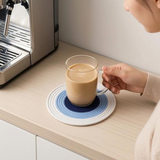 Cotton Rope Coaster, Color Block Heat Insulation Mat for Table, Thickened Potholder for Hot Dishes, Farmhouse Cup Mat
