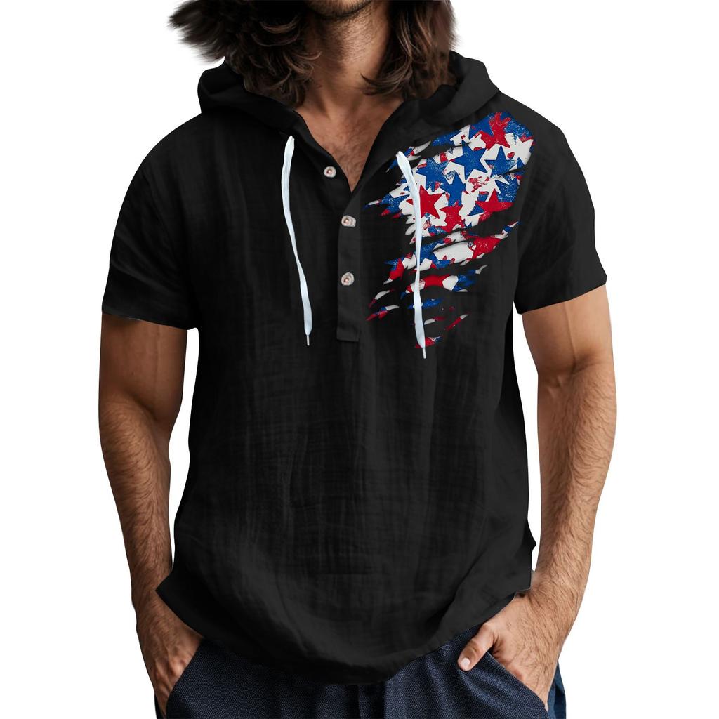 Men'S Casual Short Sleeved Hooded Top Buttoned Open Neck T-Shirt