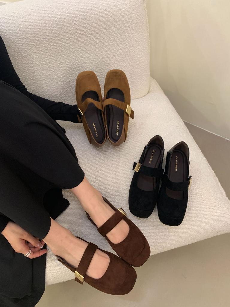 Retro Mary Jane Shoes 2025 New Korean Temperament Elegant Suede Metal Buckle Round Head Thin Soft Sole Ballet Shoes