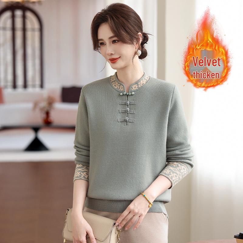Young Mother Plus Velvet Sweater: Stylish Chinese Knit Base Layer for Middle-aged & Elderly Women