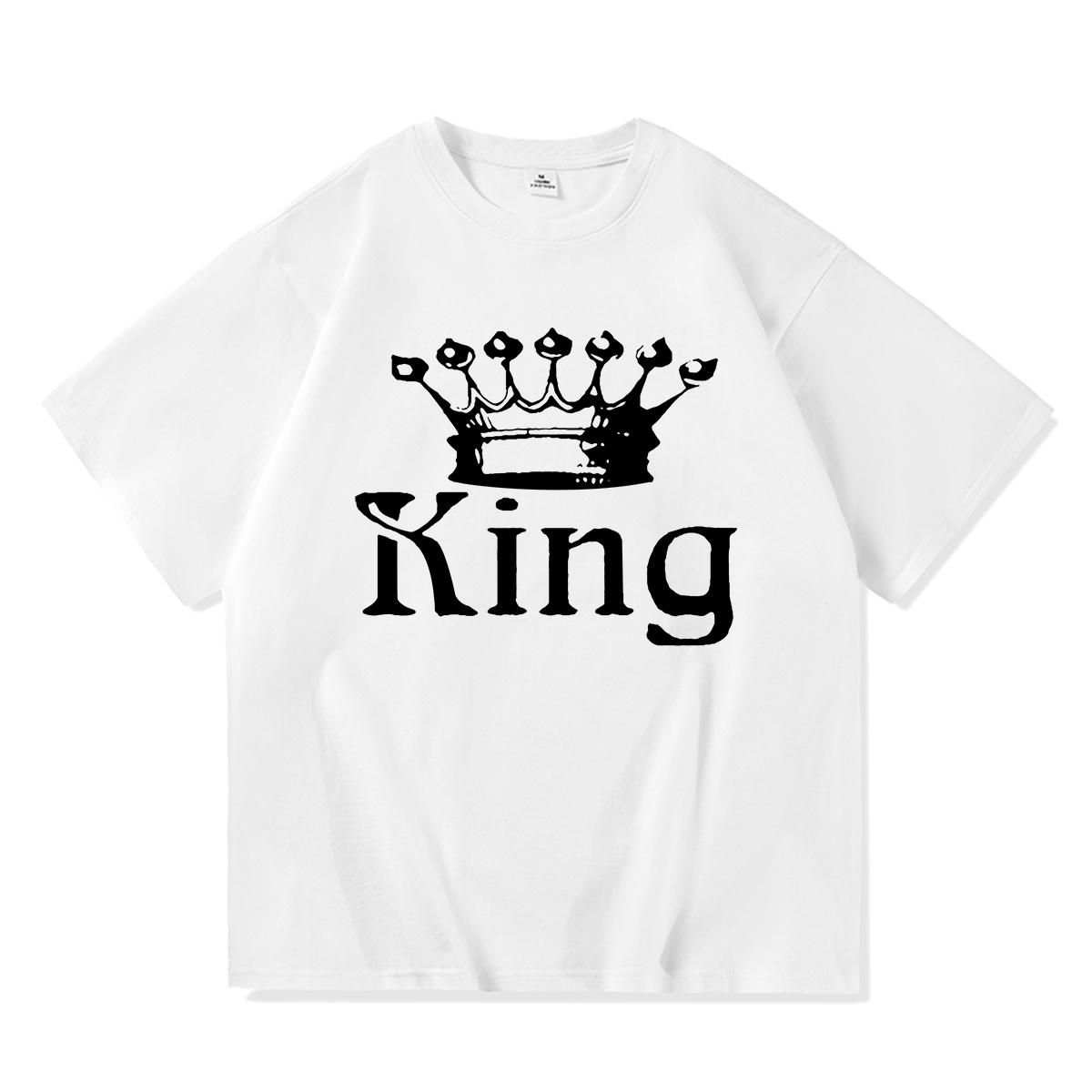 

2023 Повседневная летняя хлопковая футболка с принтом KING QUEEN, свободная футболка с короткими рукавами и круглым вырезом для влюбленных, женские и мужские топы, футболки S белый
