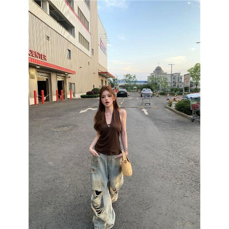 

Kumikumi Стильный V-образный топ-майка с драпировкой, женский летний облегающий рваный джинсовый брючный костюм-двойка Top M