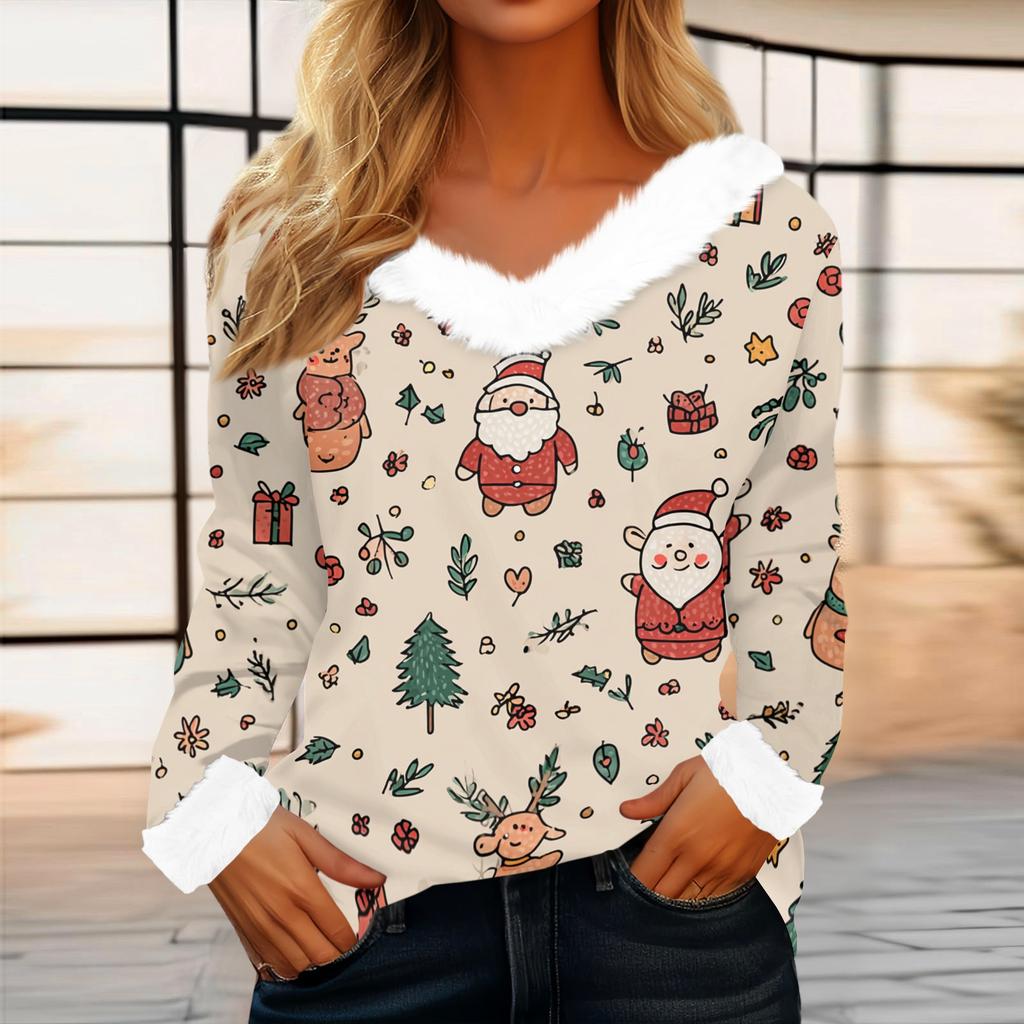 Women's Casual Fashion Long Sleeve Christmas Printed Flannel Collar Top