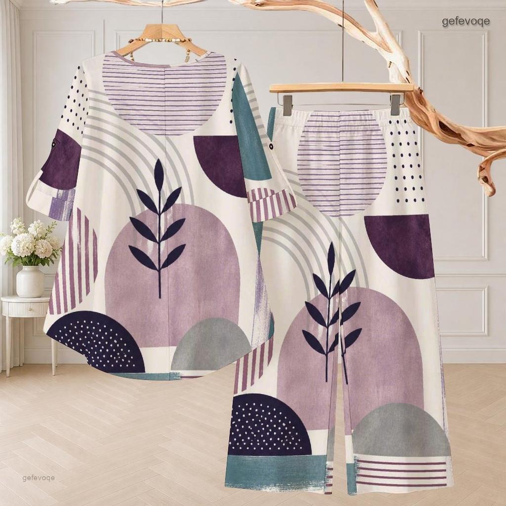 Women Plus Size Printed Two Piece Set Round Neck 3 4 Sleeve High Low Top And Wide Leg Pants