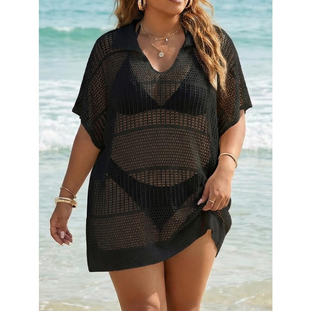 Plus-size Women's Beach Cover-up Polo-neck Top Loose Woven Shirt Sexy See-through Bikini Outerwear