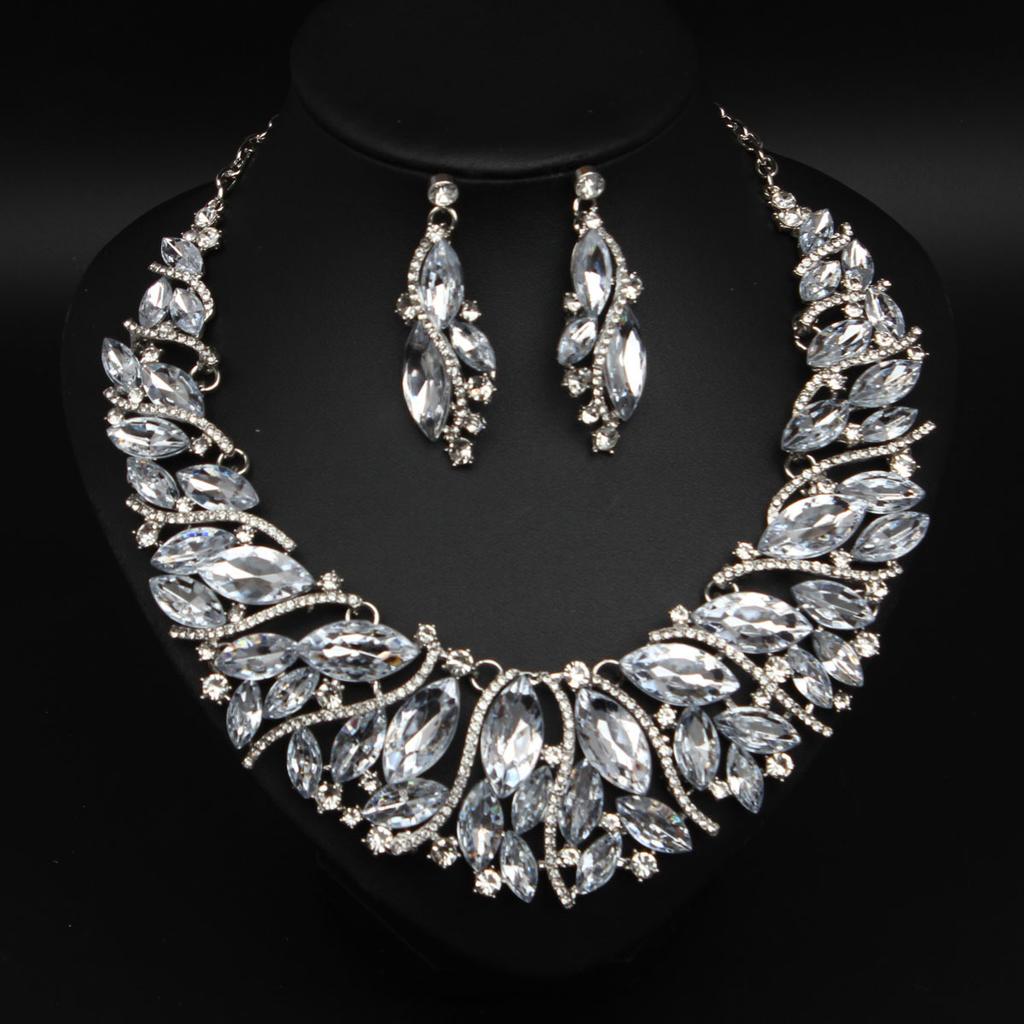 2026 European and American fashion crystal gemstone necklace women's earring set luxury bridal banquet dress accessories