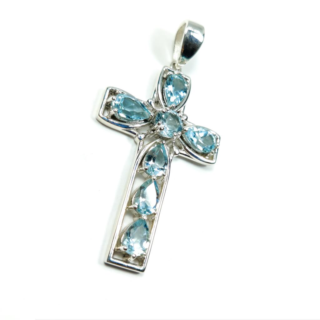 Pendentif Croix Topaze Bleue: Bijoux Religieux en Argent Sterling