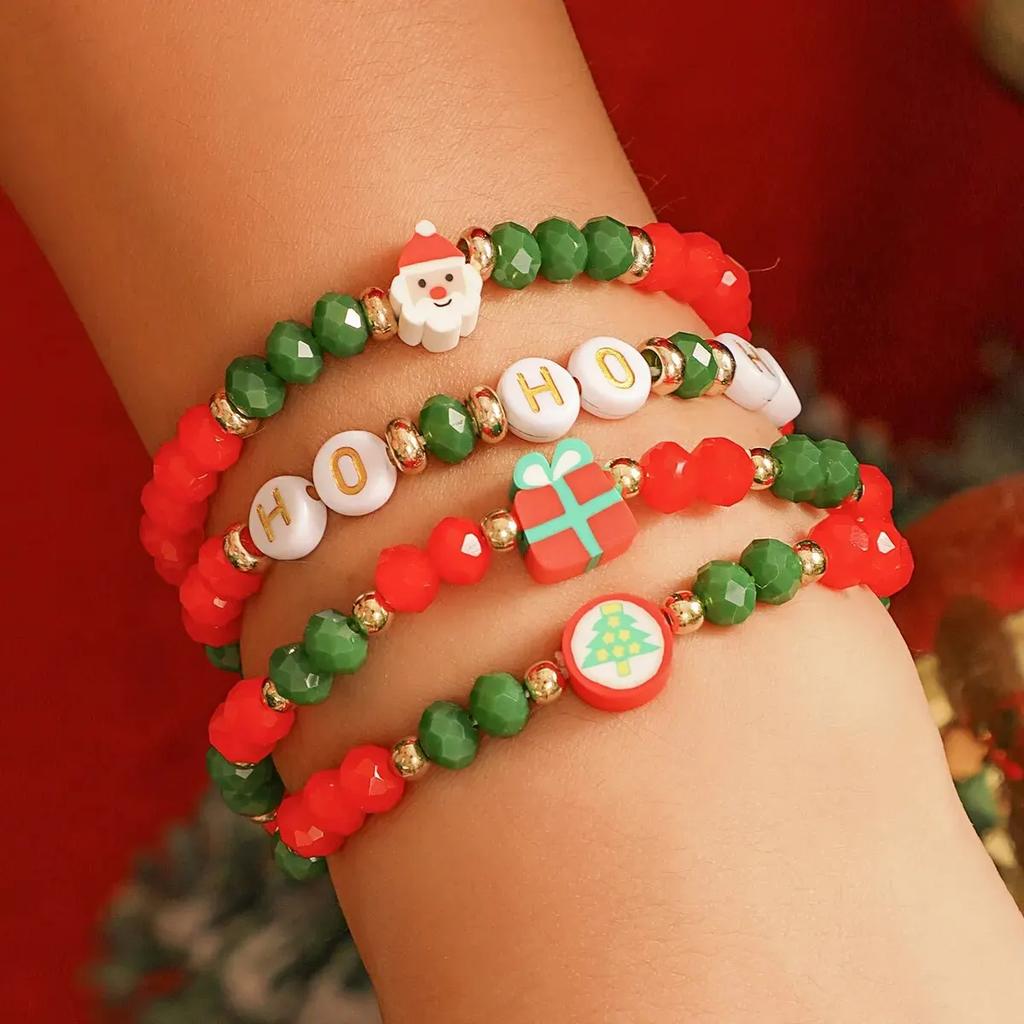 4Pcs Christmas Handmade Strand Beads Chain Bracelets for Women Santa Claus Gift Box Tree Bangles Xmas Holiday Party Jewelry New