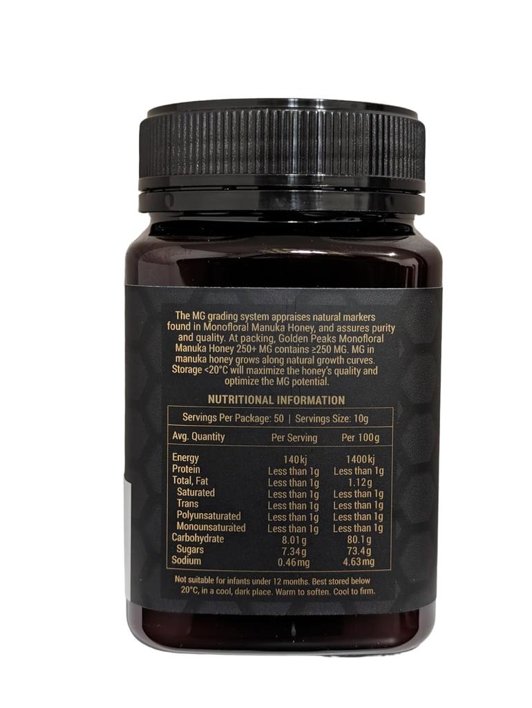 Golden Peaks Manuka Honey High Grade Pure New Zealand Honey MGO Certified Manuka Honey Unheated 250+ (500g)