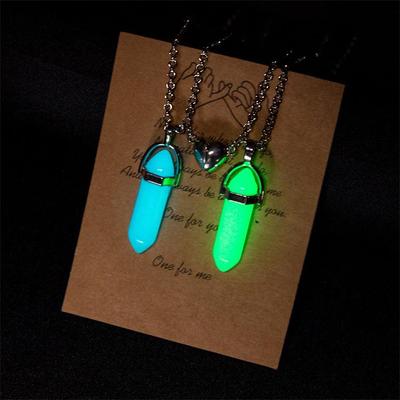 2023 Luminous Hexagonal Natural Stone Heart Pendant Necklace Set with Magnetic Couple Feature