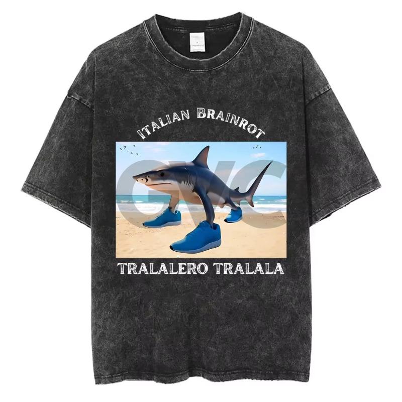 Bombardiro Crocodilo Crocodile Plane Bomber Funny Meme Washed Vintage T-shirt Men Women Casual Italian Brainrot Humor Style Tees