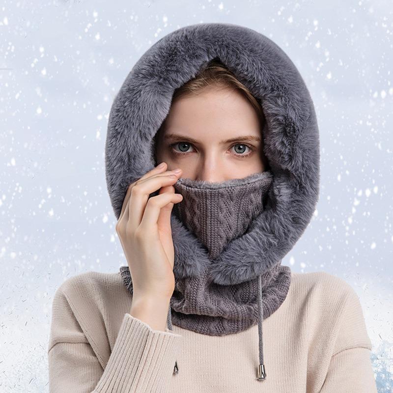 Winter Fur Cap Mask Set Hooded For Women Knitted Cashmere Neck Warm Russia Outdoor Ski Windproof Hat Thick Plush Fluffy Beanies