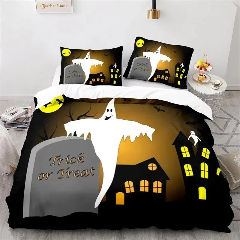 Halloween Bedding Set Pumpkin Duvet Cover Polyester Cartoon Horror Festival Bat Comforter Cover Twin King For Kids Adults Decor