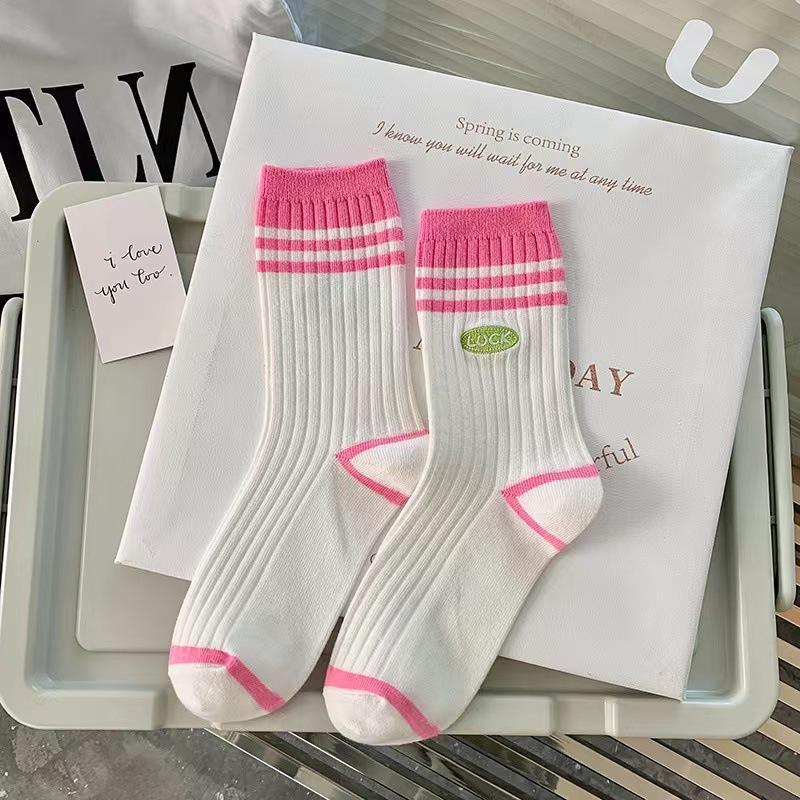 Cotton Women's Long Socks Medium Tube Korean White Breathable Leisure Girls Embroidery Male Sock Spring Summer Stripe Woman Cute