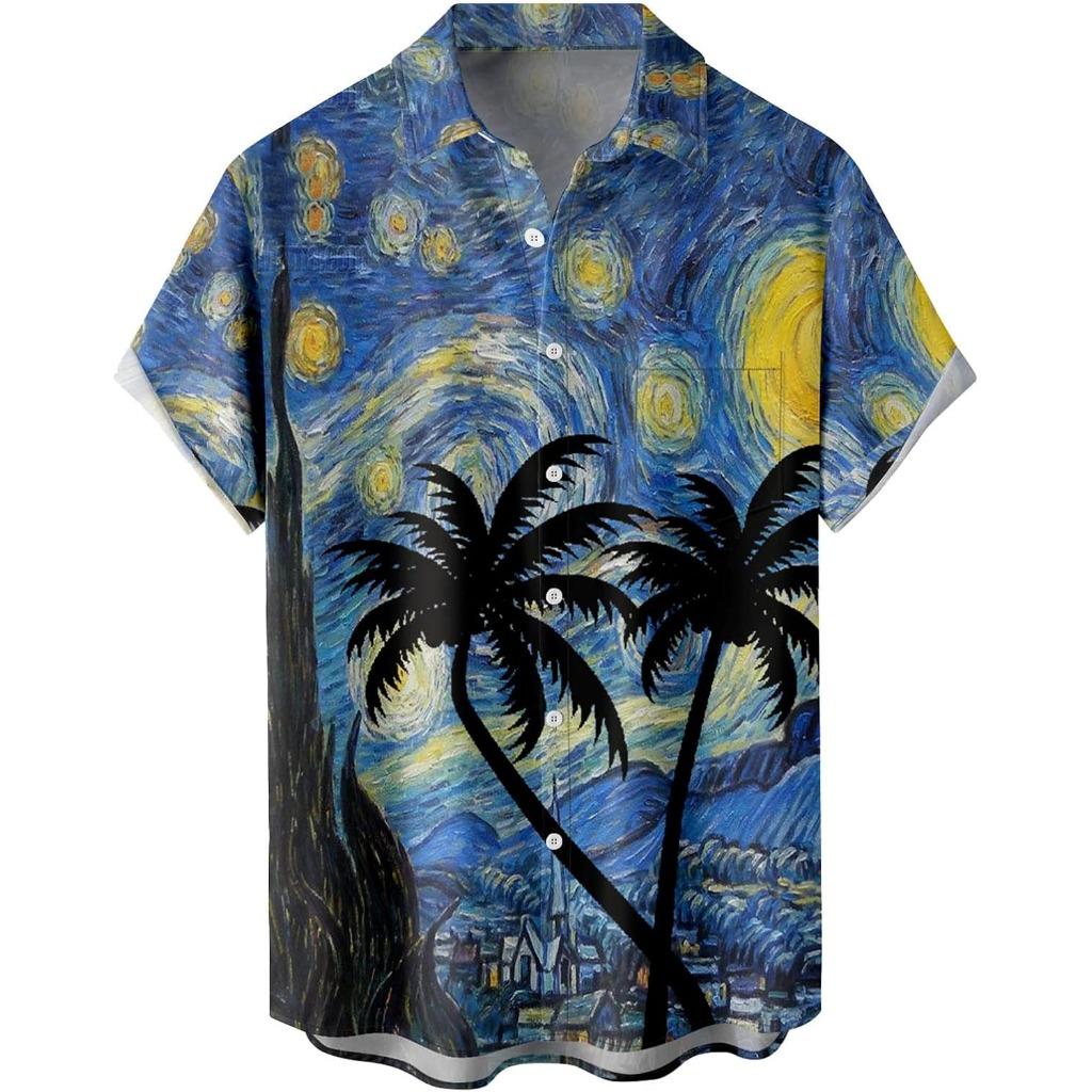 Summer Men's Gradient Sketch Coconut Tree 3D Print Shirt, Retro Hawaiian Tropical Quick-Drying Loose Aloha Shirt