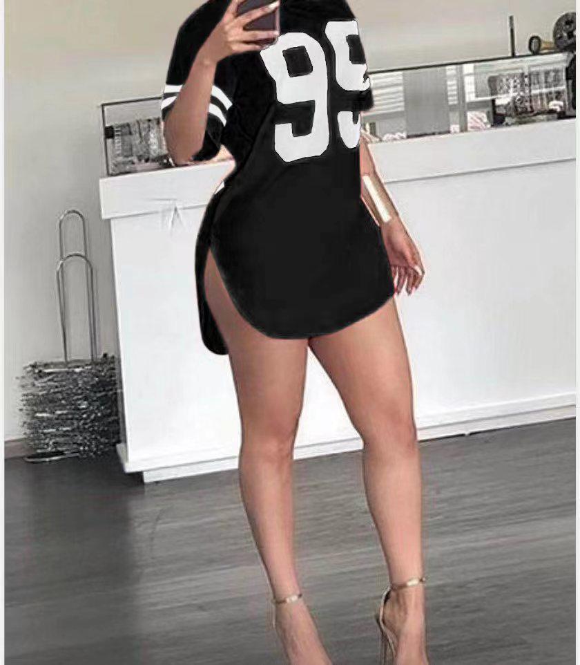 

Женская футболка с круглым вырезом, принтом с цифрами, разрезом и короткими рукавами, весна/лето, европейский и американский стиль 5XL