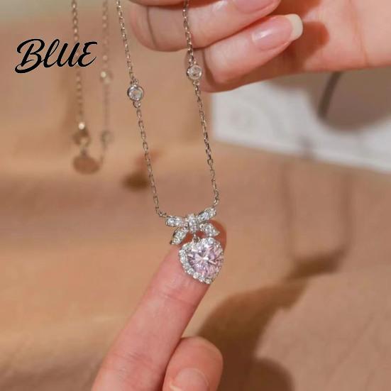Women Heart Necklace Sparkling Rhinestones Bow Design Romantic Gift Pendant