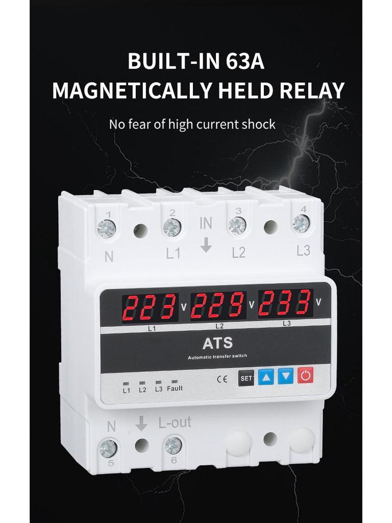 Three-Phase Over/Under Voltage Protector with 63A/80A/100A ATS and Triple Display