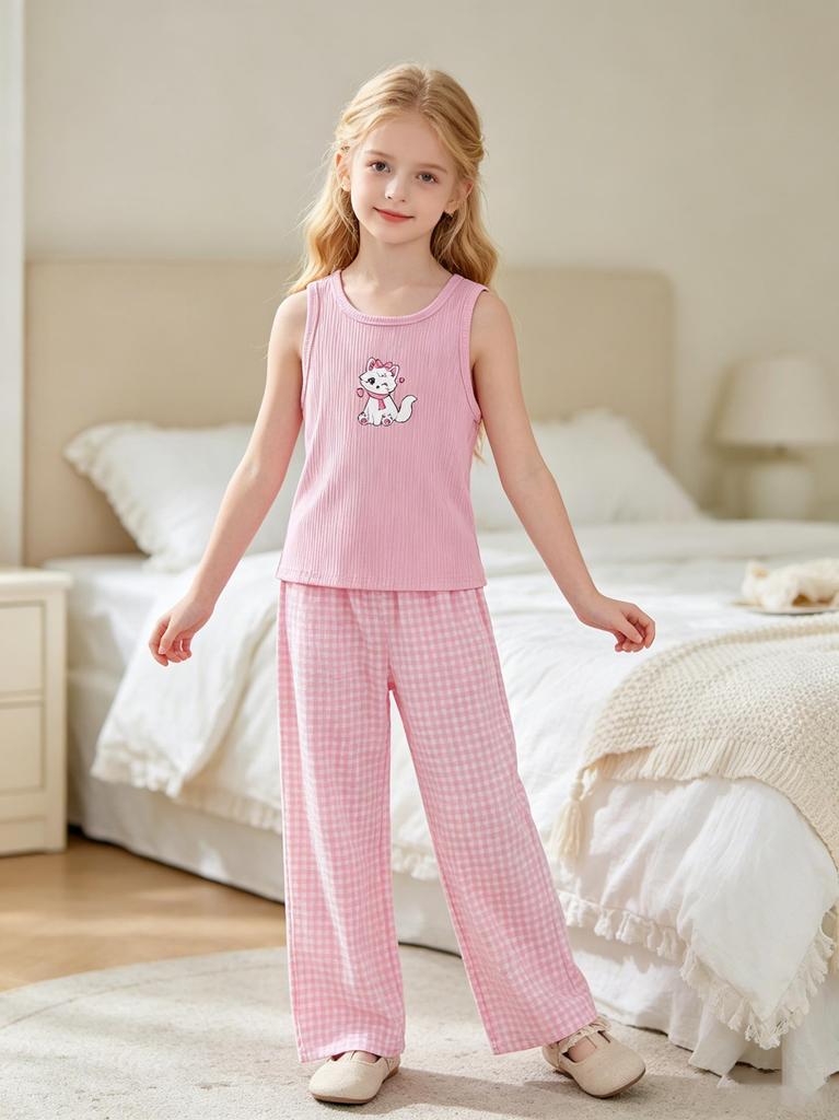 Girls Pajama Set, Sleeveless Cat Print Tank Top & Plaid Pants, Soft Ribbed Loungewear Sleepwear for Kids 8-12 Years