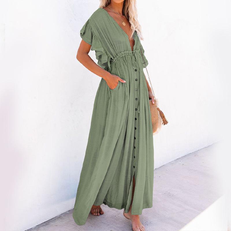 Solid Color Beach Cover-Up Long Dress with Sun Protection