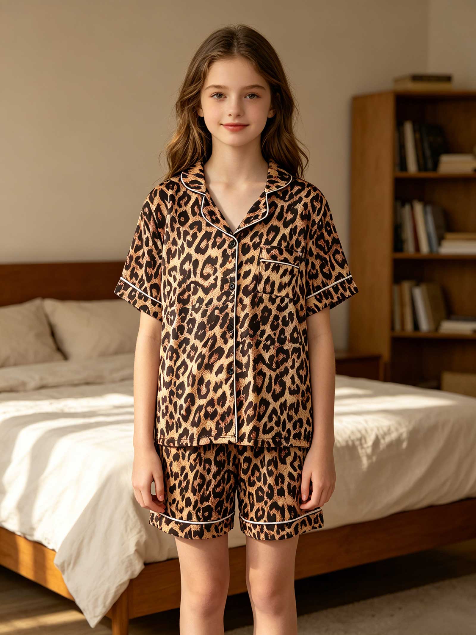 Teen Girls Leopard Print Satin Pajama Set, Short Sleeve Button-Down Top & Shorts, 2-Piece Loungewear Sleepwear 13-16Y 13Y разноцветный