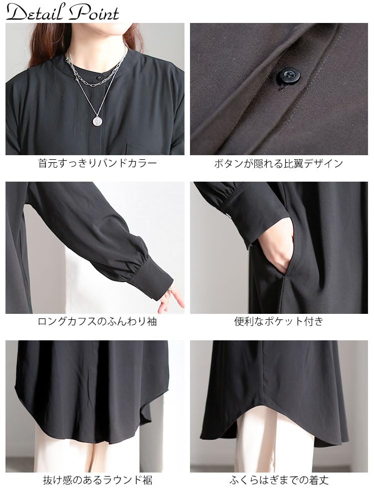 Gold Japan Plus Size Long Band Round Size Women's Dress, Sleeves, Collar, Pockets, Cut, Autumn, Winter, Spring, 5L, Black, sum-0033