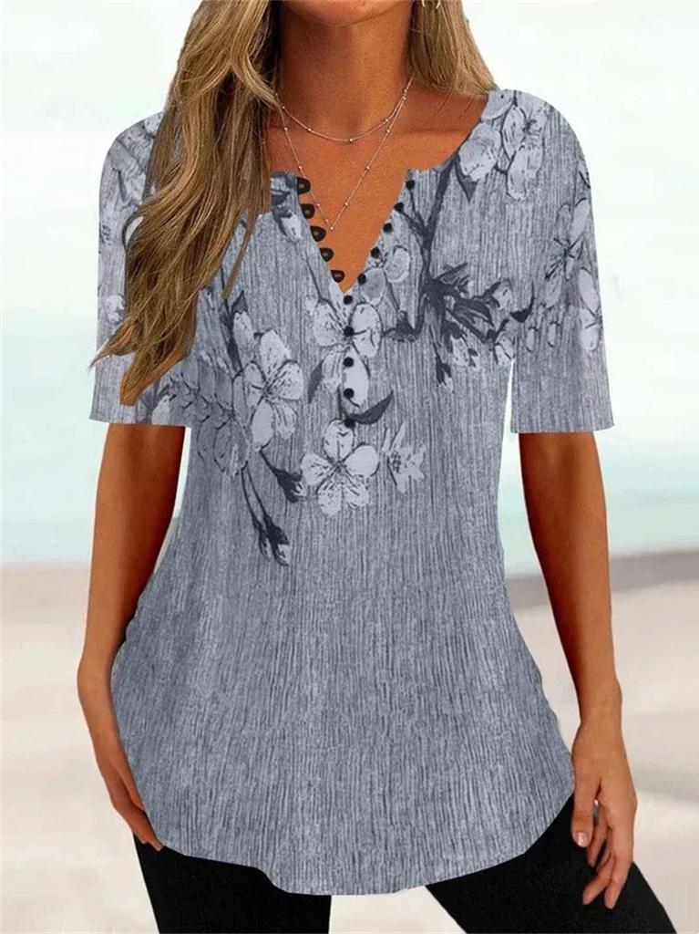 Summer Womens Loose Vneck Shirt With Floral Print And Button Closure For Casual Office Wear