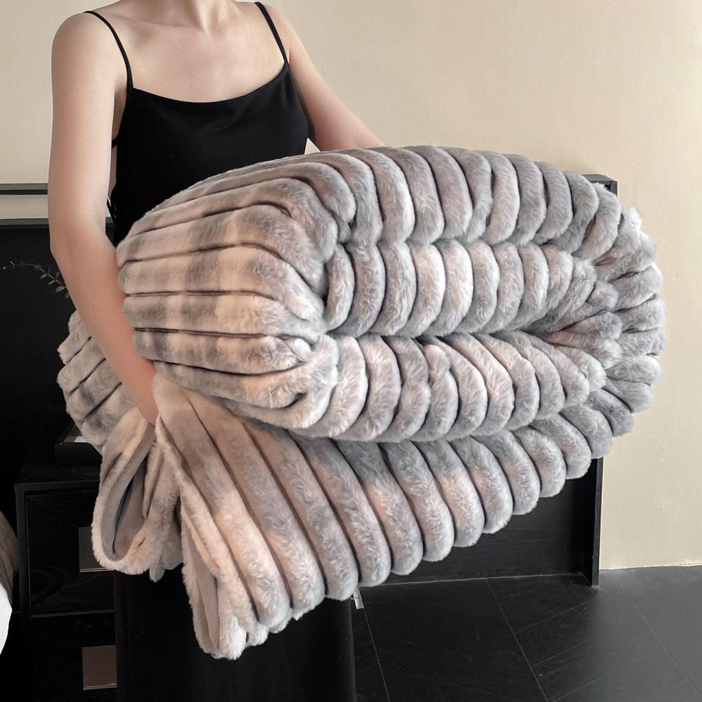 Autumn-Winter Double-Layer Faux Rabbit Fur Plush Nap Throw Blanket Shawl