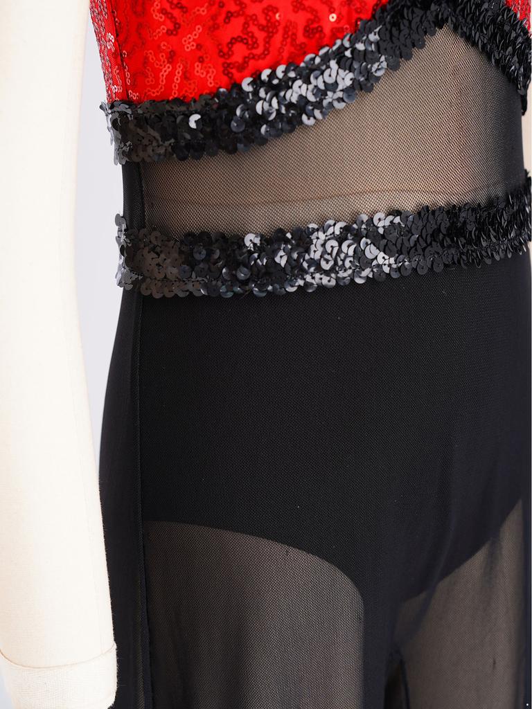 Dziewczęcy Kombinezon do Tańca Jazzowego Bez Rękawów Otwór z Tyłu Rozcięcie z Boku Szerokie Nogawki Blok Kolorów Błyszczący Siateczkowy Body z Płatkami Sequin Wbudowane Figi