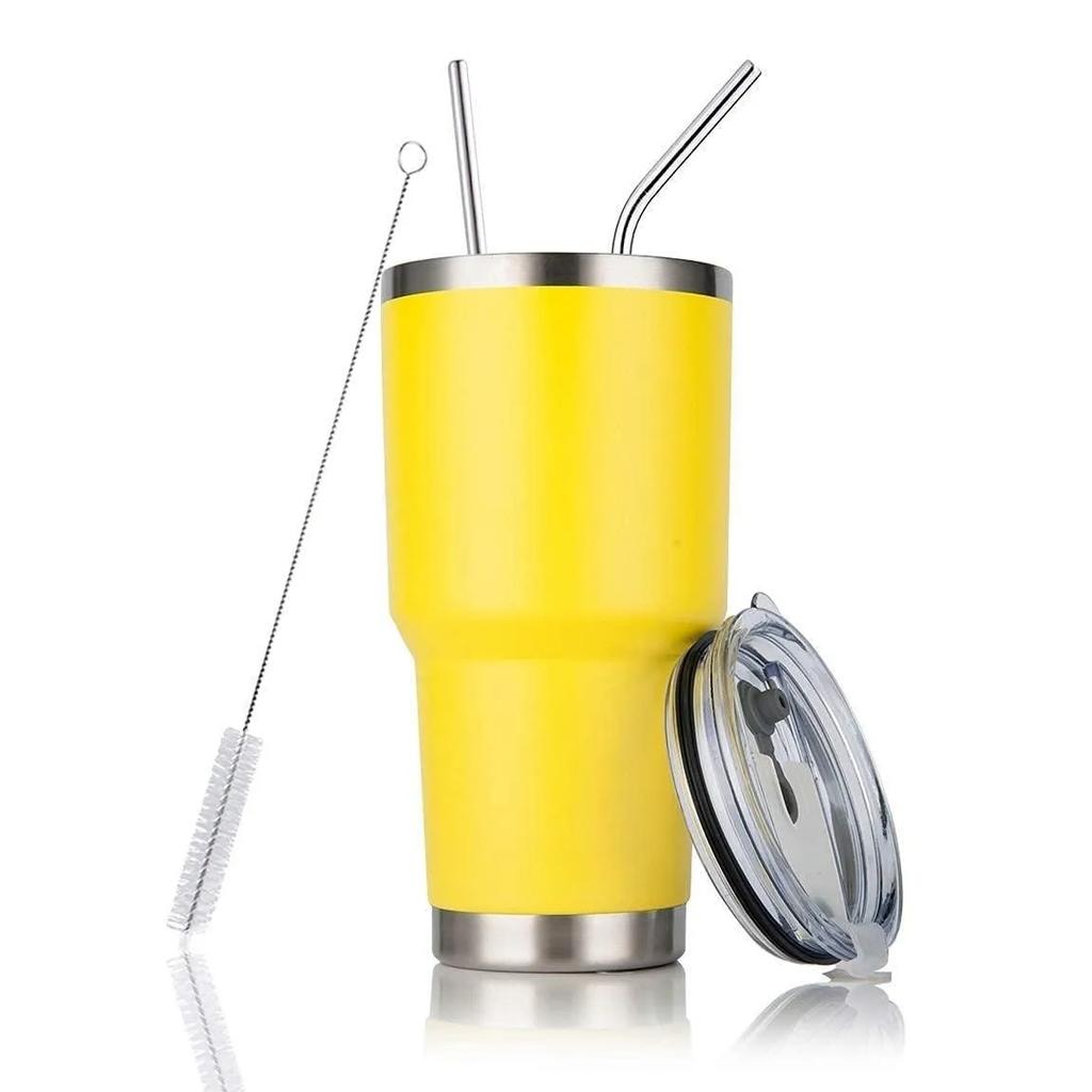 Gobelet 30 oz Double paroi Acier inoxydable Isolé sous vide Mug de voyage avec couvercle anti-éclaboussures Paille en métal et brosse
