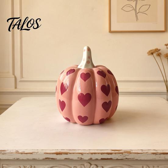 Autumn Harvest Table Decor Pink Ceramic Pumpkin with Heart Pattern, Artificial Figurine, Romantic Gift for Girlfriend Fall Tabletop Ornaments Harvest,