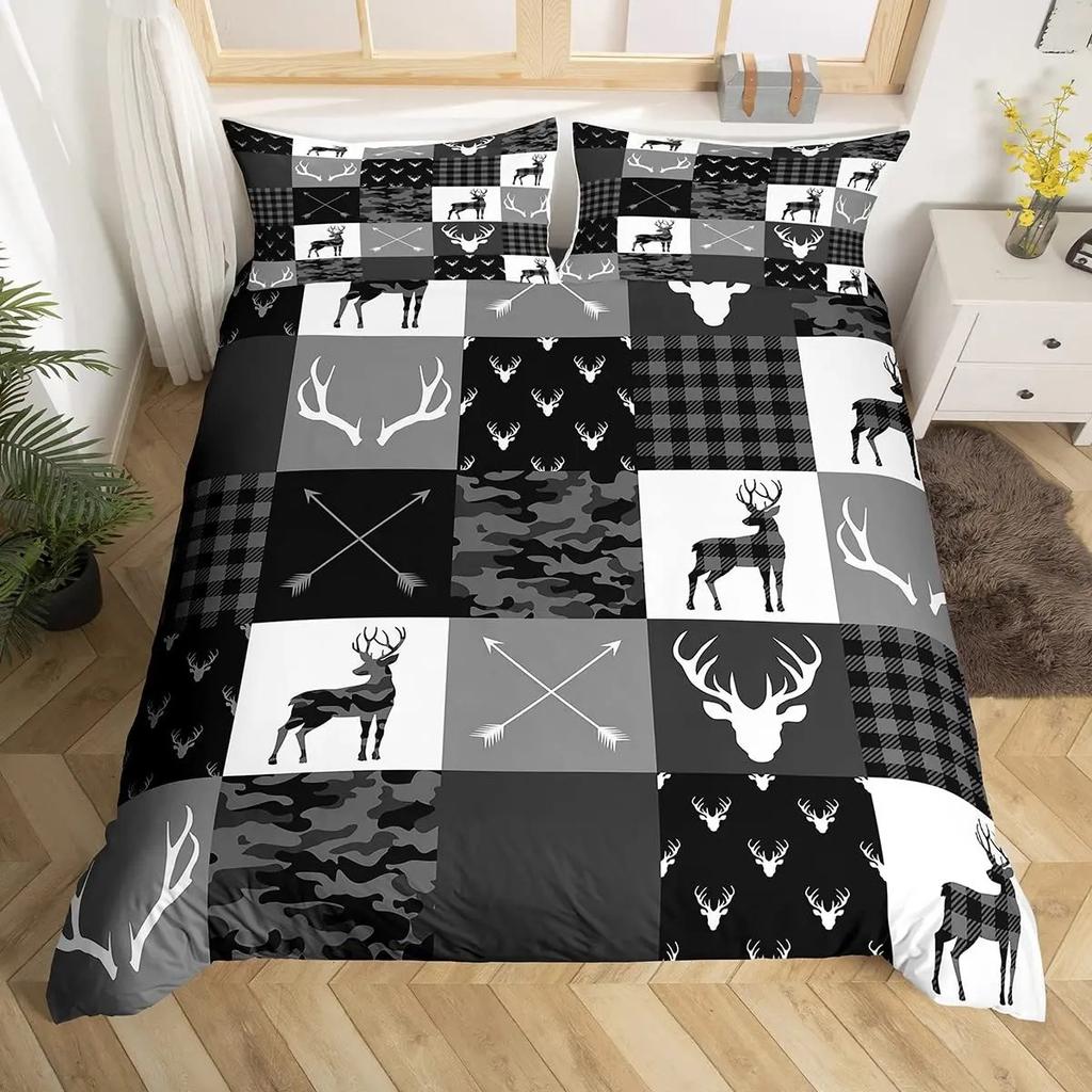 Camo Deer Duvet Cover Set Antlers Arrow Pattern Bedding Set Stripes Gird Camouflage Comforter Cover Microfiber King Quilt Cover