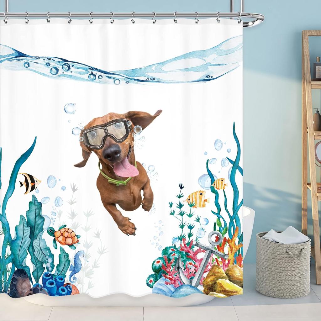 Kids Dachshund Dog Shower Curtain – Nautical Ocean Theme with Fish, Turtle, Coral & Anchor, Cute Blue Fabric Decor,