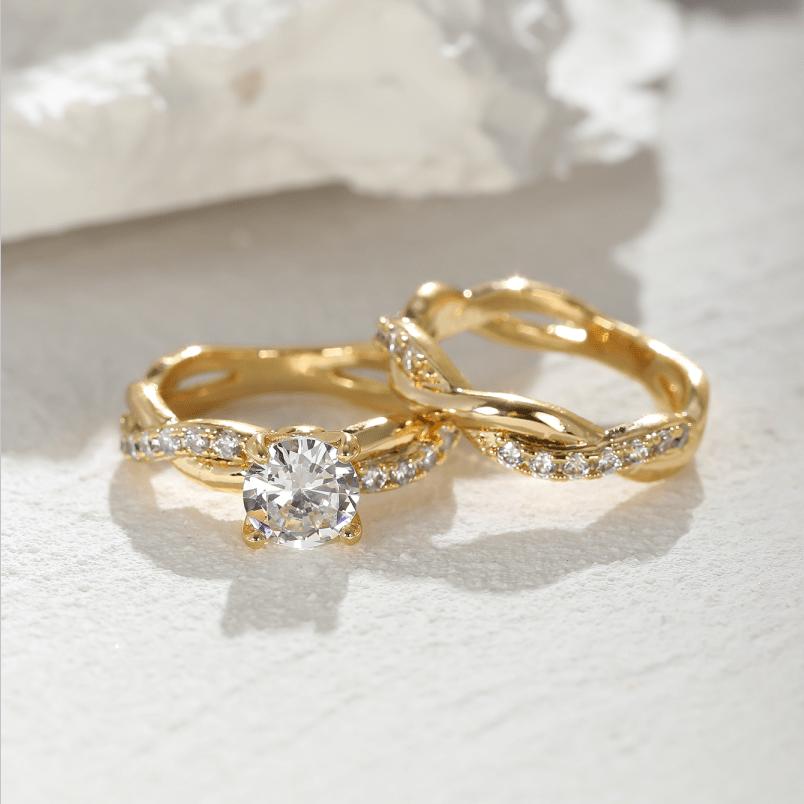 

Women s Dainty Golden Color Twist Round Cut White Synthetic Zirconia Ring Set Bridal EngaSynthetic Gemstoneent Ring Wedding Band Anniversary Gift Size 5