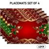 Set of 4/6 Christmas-Themed Placemats Featuring a Red Background with Golden Patterns, Holly Leaves, Red Roses, And Golden Decorative Balls. Perfect F
