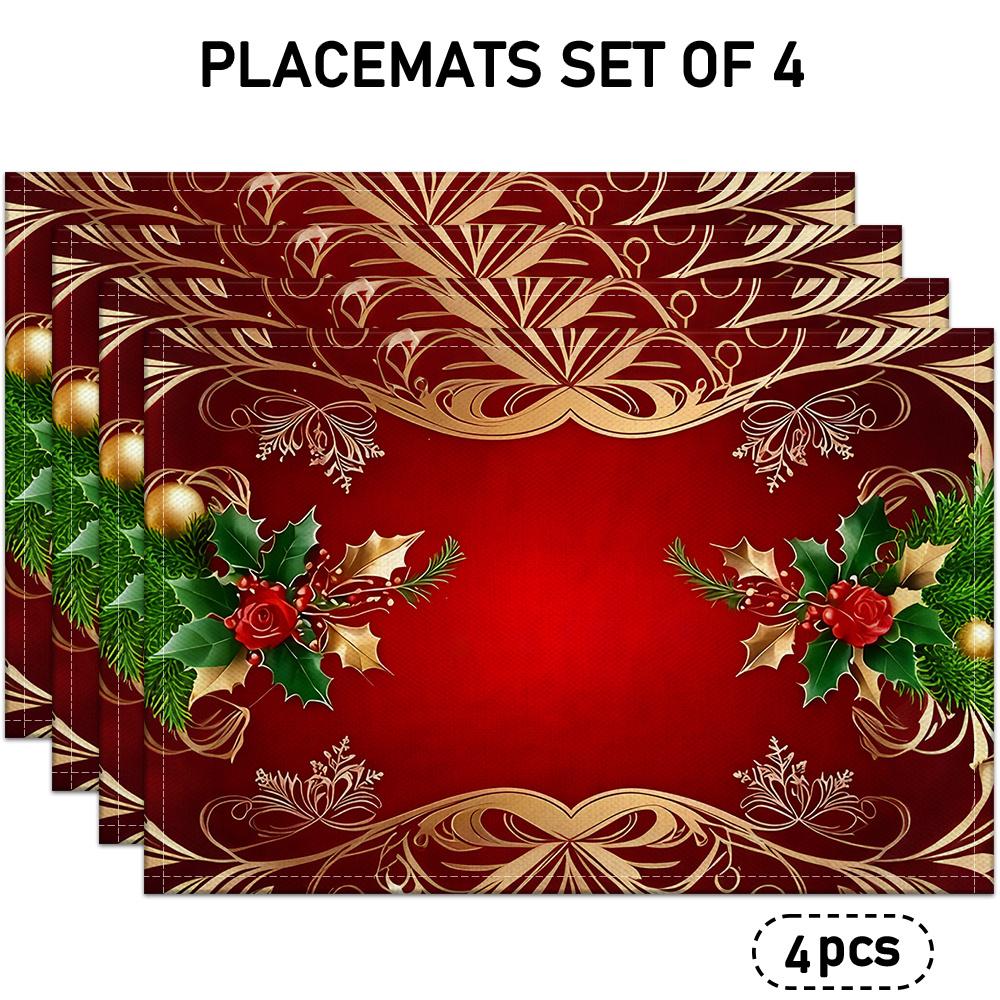 Set of 4/6 Christmas-Themed Placemats Featuring a Red Background with Golden Patterns, Holly Leaves, Red Roses, And Golden Decorative Balls. Perfect f