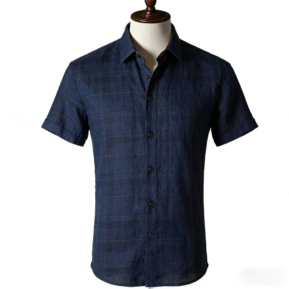Short-sleeve linen shirt with vintage ornate floral print, casual wear.