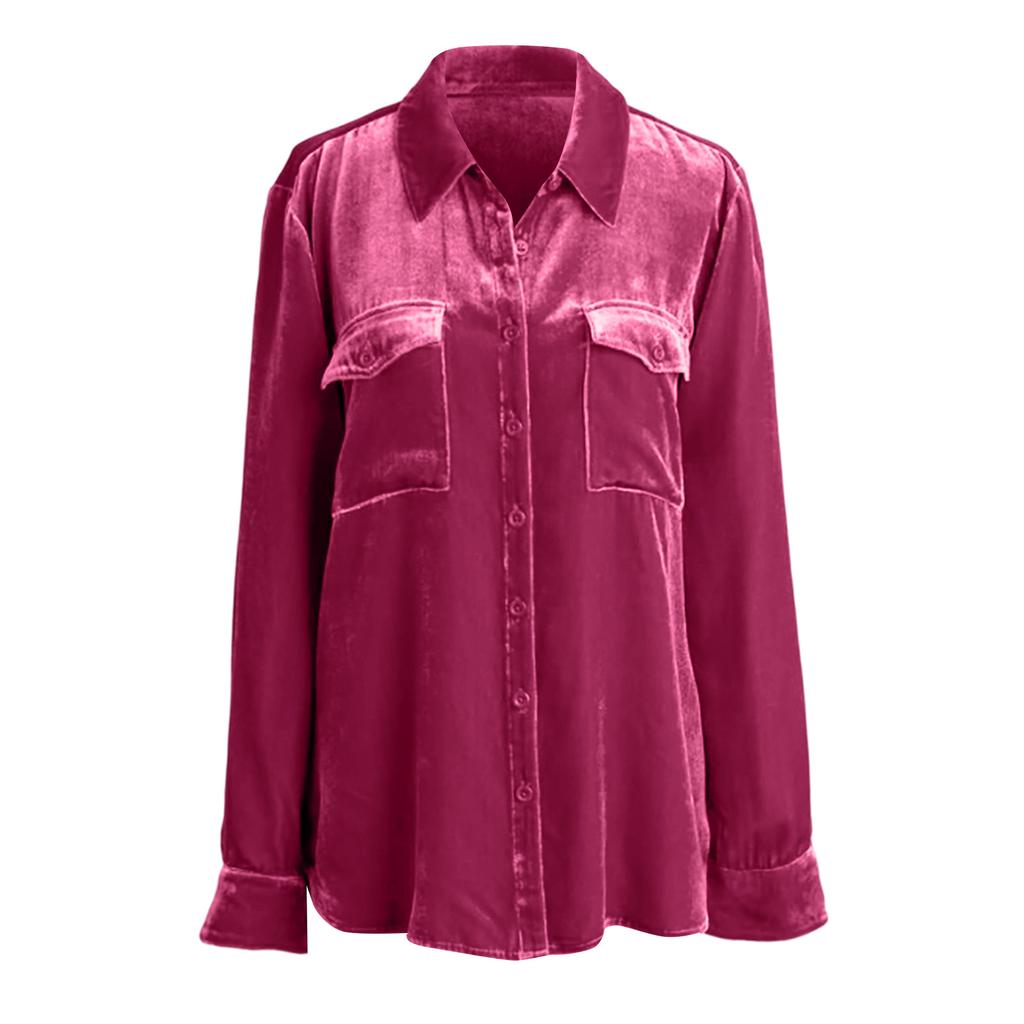 Damska Modna Casualowa Koszula Aksamitna z Długim Rękawem w Jednolitym Kolorze w Stylu Retro