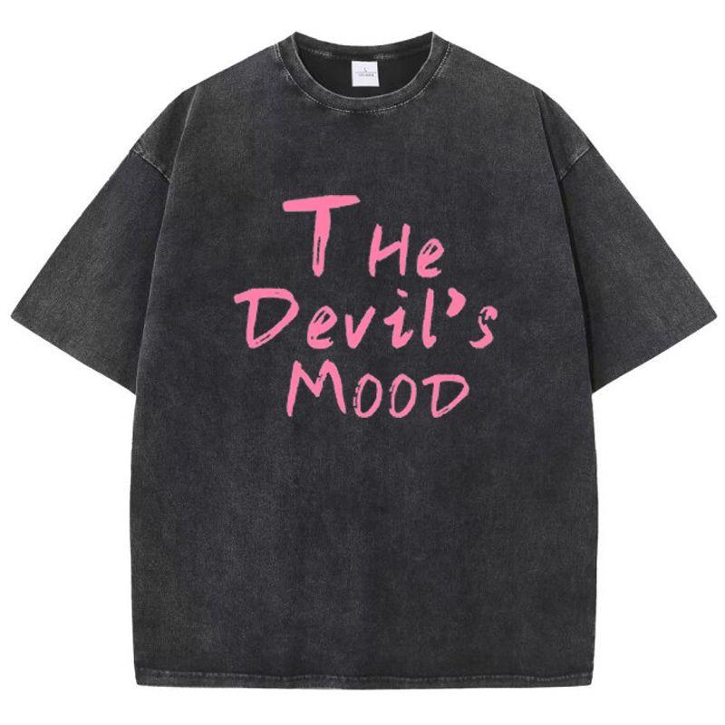 Fashion Womans Cotton Washed T-shirts The Devil's Moon Letter Prints Tops Casual O-Neck Oversize Tees Street Female Clothes