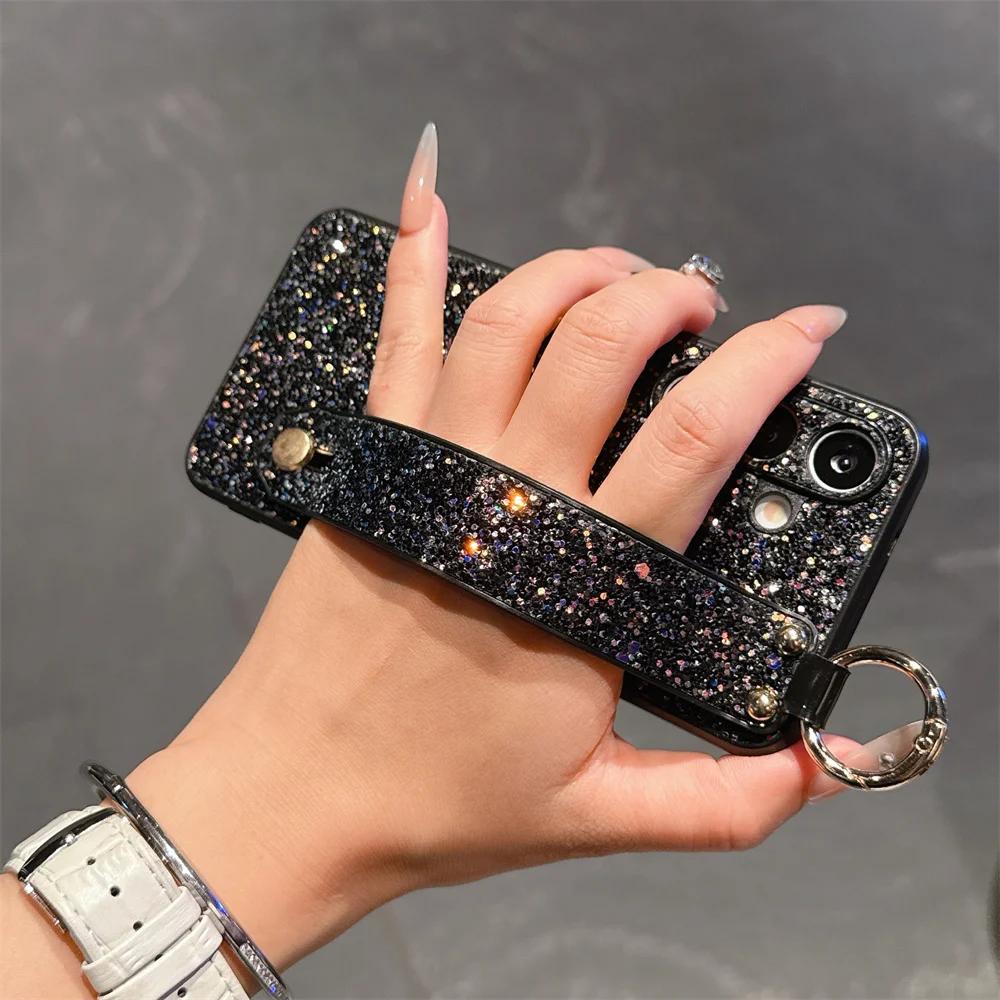 Wrist Strap Bracket Ring Phone Case for Samsung Galaxy S25 Ultra S24 S23 S22 S21 Plus Flash Diamond Leather Hard Shell Cover